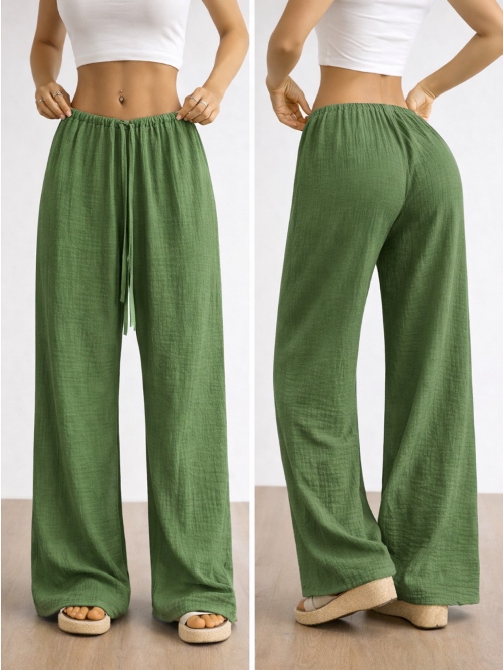 Olive Green Cotton Drawstring Wide Leg Pants Casual Lounge - Picture 2 of 2